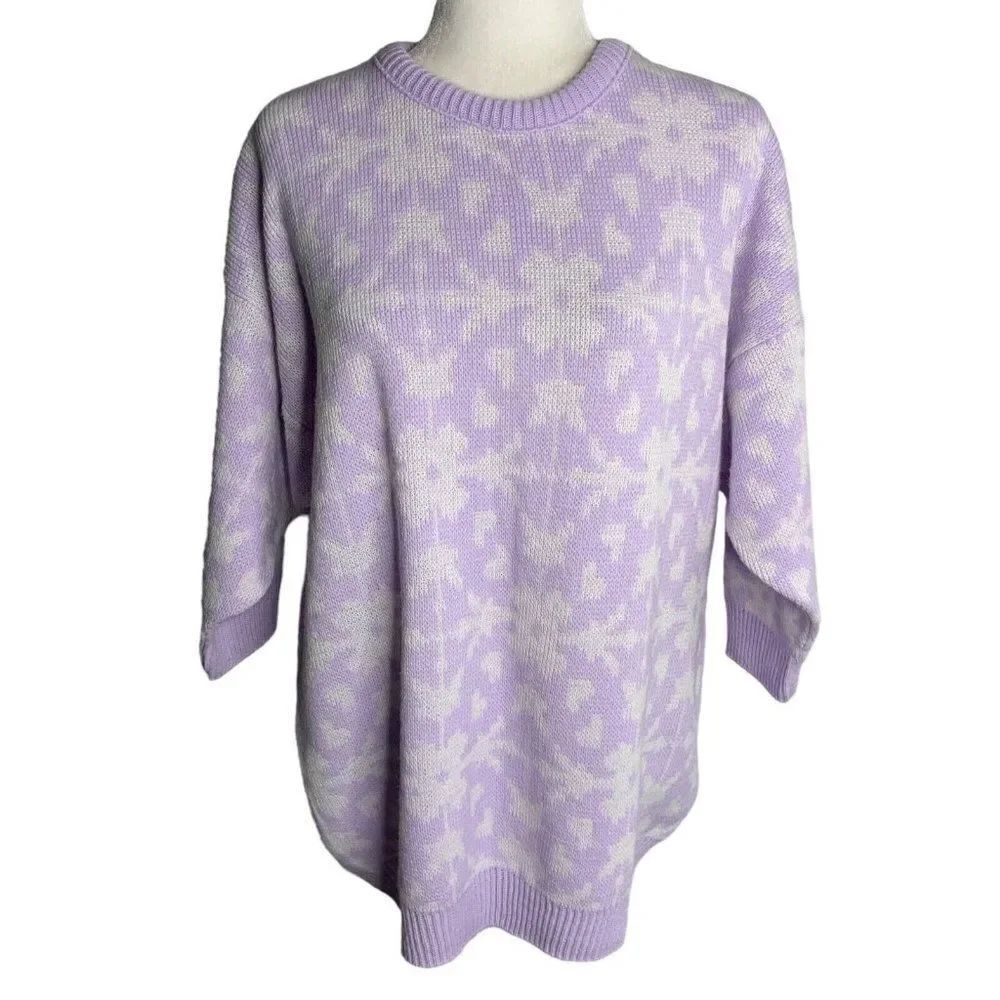 Vintage Crewneck Knit Pullover Sweater L Purple White Long Sleeve Ribbed Trim